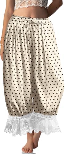 Womens Linen Lace Trim Long Bloomers Pants with Pocket