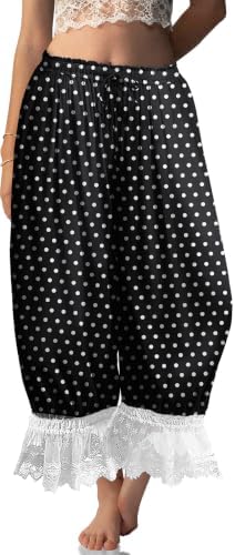 Womens Linen Lace Trim Long Bloomers Pants with Pocket
