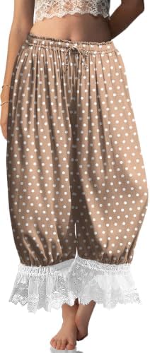 Womens Linen Lace Trim Long Bloomers Pants with Pocket