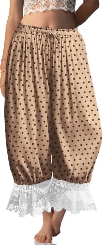 Womens Linen Lace Trim Long Bloomers Pants with Pocket