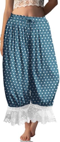 Womens Linen Lace Trim Long Bloomers Pants with Pocket