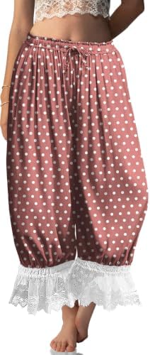 Womens Linen Lace Trim Long Bloomers Pants with Pocket
