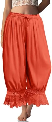 Womens Linen Lace Trim Long Bloomers Pants with Pocket Orange Red