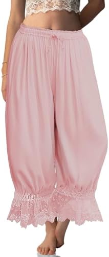 Womens Linen Lace Trim Long Bloomers Pants with Pocket Peach Pink