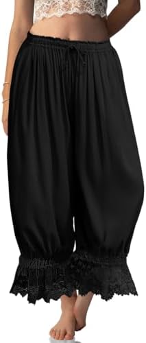 Womens Linen Lace Trim Long Bloomers Pants with Pocket Black