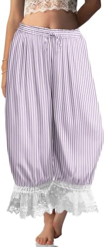 Womens Linen Lace Trim Long Bloomers Pants with Pocket