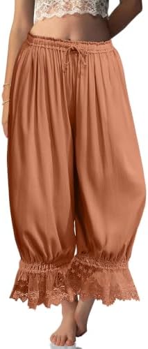 Womens Linen Lace Trim Long Bloomers Pants with Pocket Red Orange