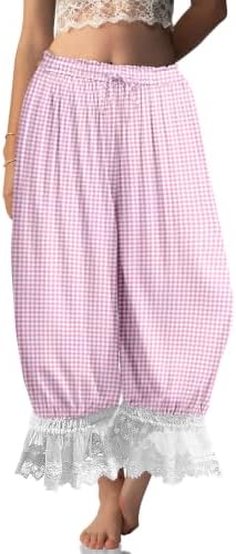 Womens Linen Lace Trim Long Bloomers Pants with Pocket
