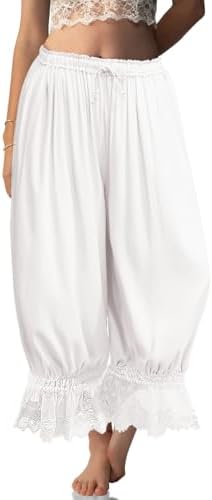 Womens Linen Lace Trim Long Bloomers Pants with Pocket White
