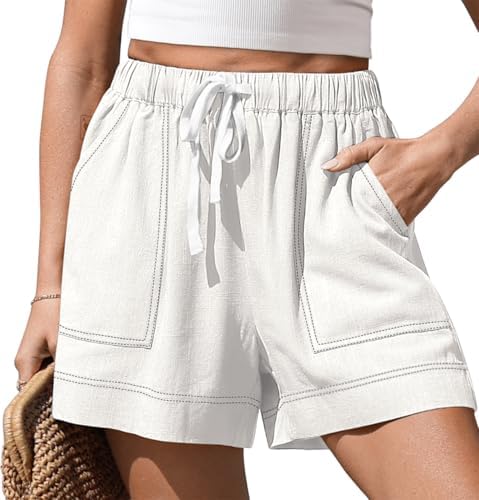 Womens Linen Loose Flowy Shorts with Pockets White