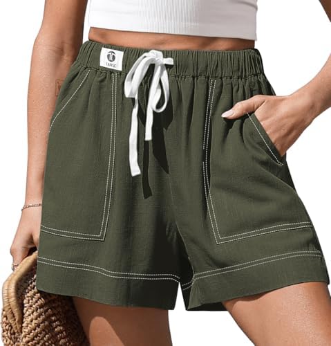 Womens Linen Loose Shorts with Pockets Army Green