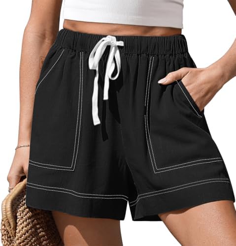 Womens Linen Loose Shorts with Pockets Black, XL