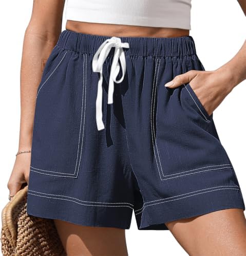 Womens Linen Loose Shorts with Pockets Dark Blue