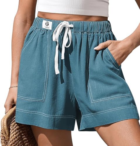 Womens Linen Loose Shorts with Pockets Lake Blue, M