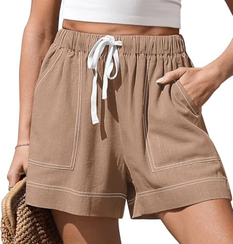 Womens Linen Loose Shorts with Pockets Mid Coffee, XXL