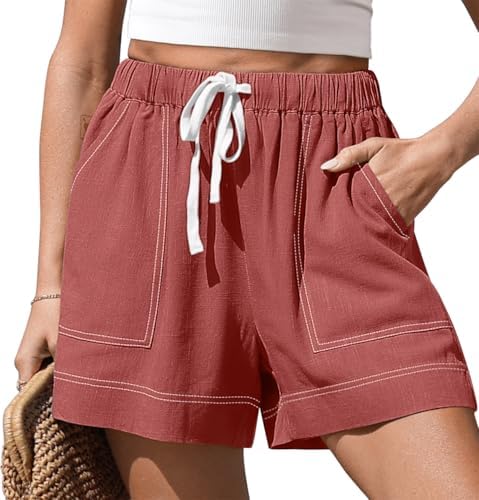Womens Linen Loose Shorts with Pockets Rust Red