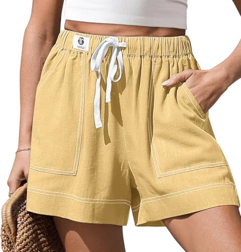 Womens Linen Loose Shorts with Pockets Rust Yellow