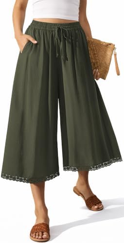 Womens Linen Palazzo Capri Pants Pockets Army Green, M