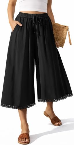 Women's Linen Palazzo Capri Pants Pockets Black