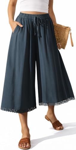 Women's Linen Palazzo Capri Pants Pockets Gray Blue