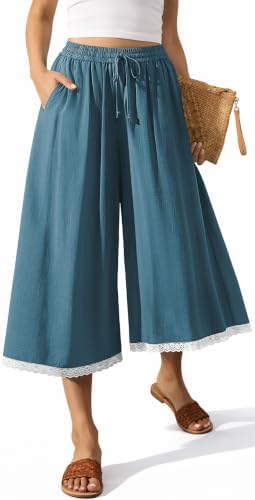 Women's Linen Palazzo Capri Pants Pockets Lake Blue, L