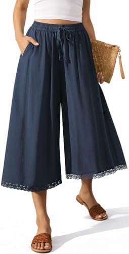 Womens Linen Palazzo Capri Pants Pockets Light Navy