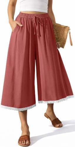 Women's Linen Palazzo Capri Pants Pockets Rust Red