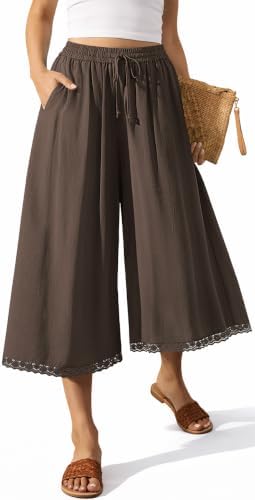 Womens Linen Palazzo Capris Pockets Dark Coffee