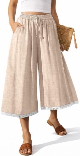 Womens Linen Palazzo Capris Pockets Heather Light Khaki