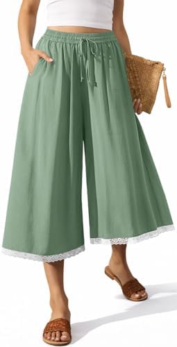 Womens Linen Palazzo Capris Pockets Light Army Green