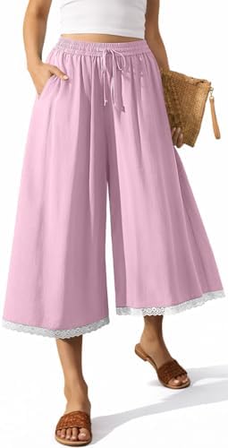 Womens Linen Palazzo Capris Pockets Peach Pink