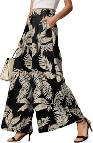 Womens Linen Palazzo Pants High Waist Pleated Trousers with Pockets