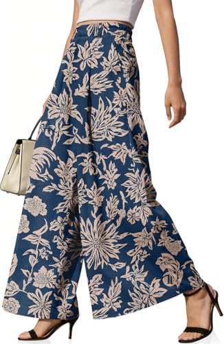 Womens Linen Palazzo Pants High Waist Pleated Trousers with Pockets