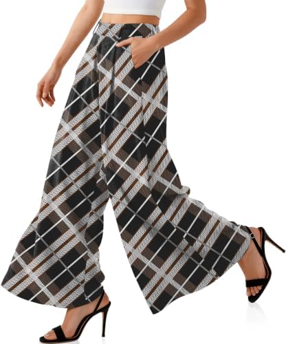 Womens Linen Palazzo Pants High Waist Pleated Trousers with Pockets