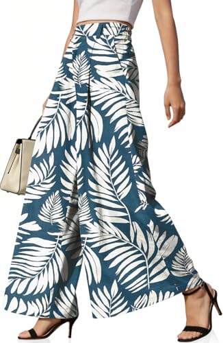 Womens Linen Palazzo Pants High Waist Pleated Trousers with Pockets