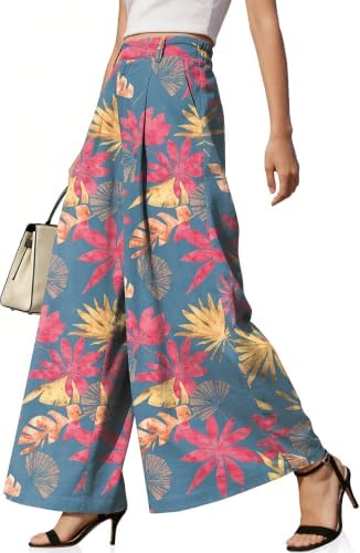Womens Linen Palazzo Pants High Waist Pleated Trousers with Pockets