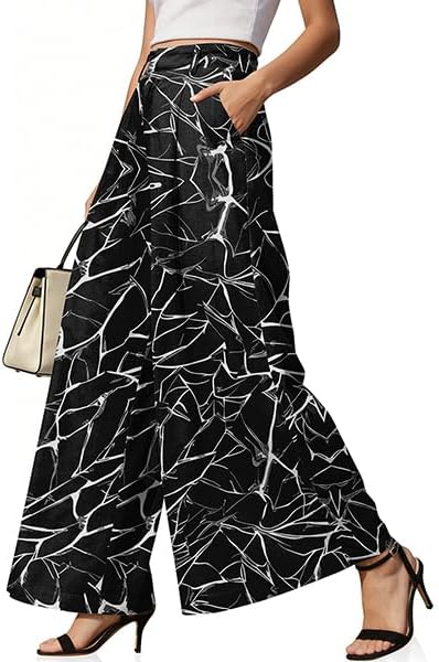 Womens Linen Palazzo Pants High Waist Pleated Trousers with Pockets