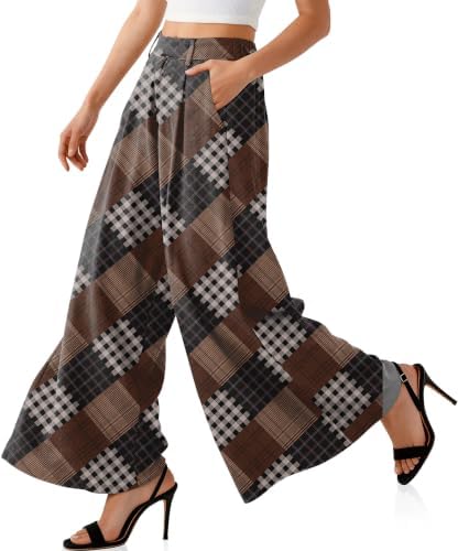 Womens Linen Palazzo Pants High Waist Pleated Trousers with Pockets
