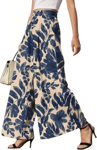Womens Linen Palazzo Pants High Waist Pleated Trousers with Pockets