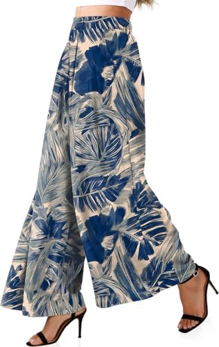 Womens Linen Palazzo Pants High Waist Pleated Trousers with Pockets