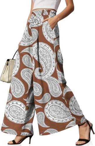 Womens Linen Palazzo Pants High Waist Pleated Trousers with Pockets