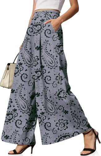 Womens Linen Palazzo Pants High Waist Pleated Trousers with Pockets