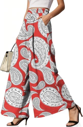 Womens Linen Palazzo Pants High Waist Pleated Trousers with Pockets