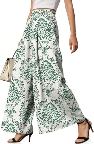 Womens Linen Palazzo Pants High Waist Pleated Trousers with Pockets