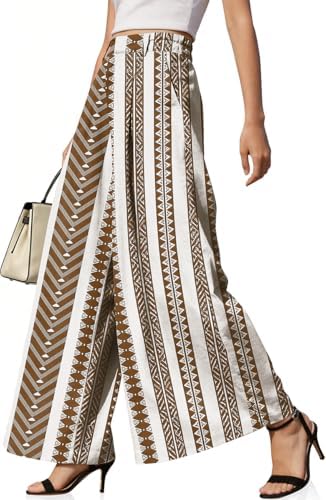 Womens Linen Palazzo Pants High Waist Pleated Trousers with Pockets