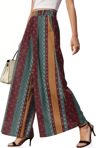 Womens Linen Palazzo Pants High Waist Pleated Trousers with Pockets