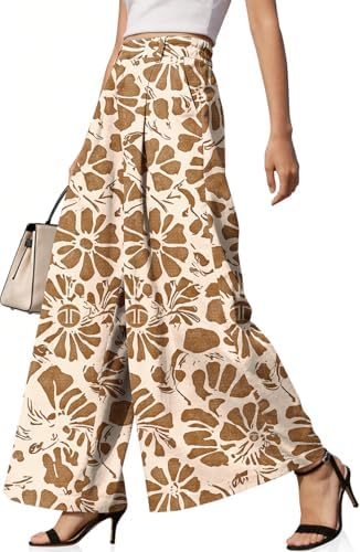 Womens Linen Palazzo Pants High Waist Pleated Trousers with Pockets