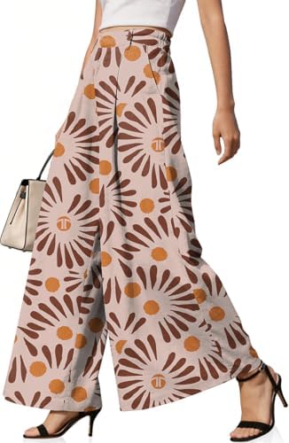 Womens Linen Palazzo Pants High Waist Pleated Trousers with Pockets