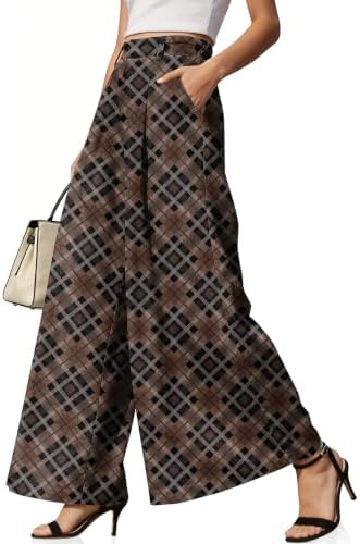 Womens Linen Palazzo Pants High Waist Pleated Trousers with Pockets