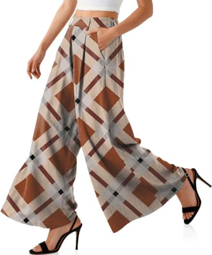 Womens Linen Palazzo Pants High Waist Pleated Trousers with Pockets